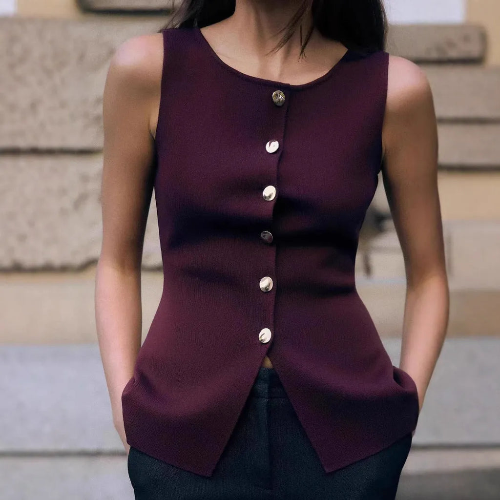 Dark red slim fit women's sleeveless sweater vest with 3D pattern detail and cardigan open front