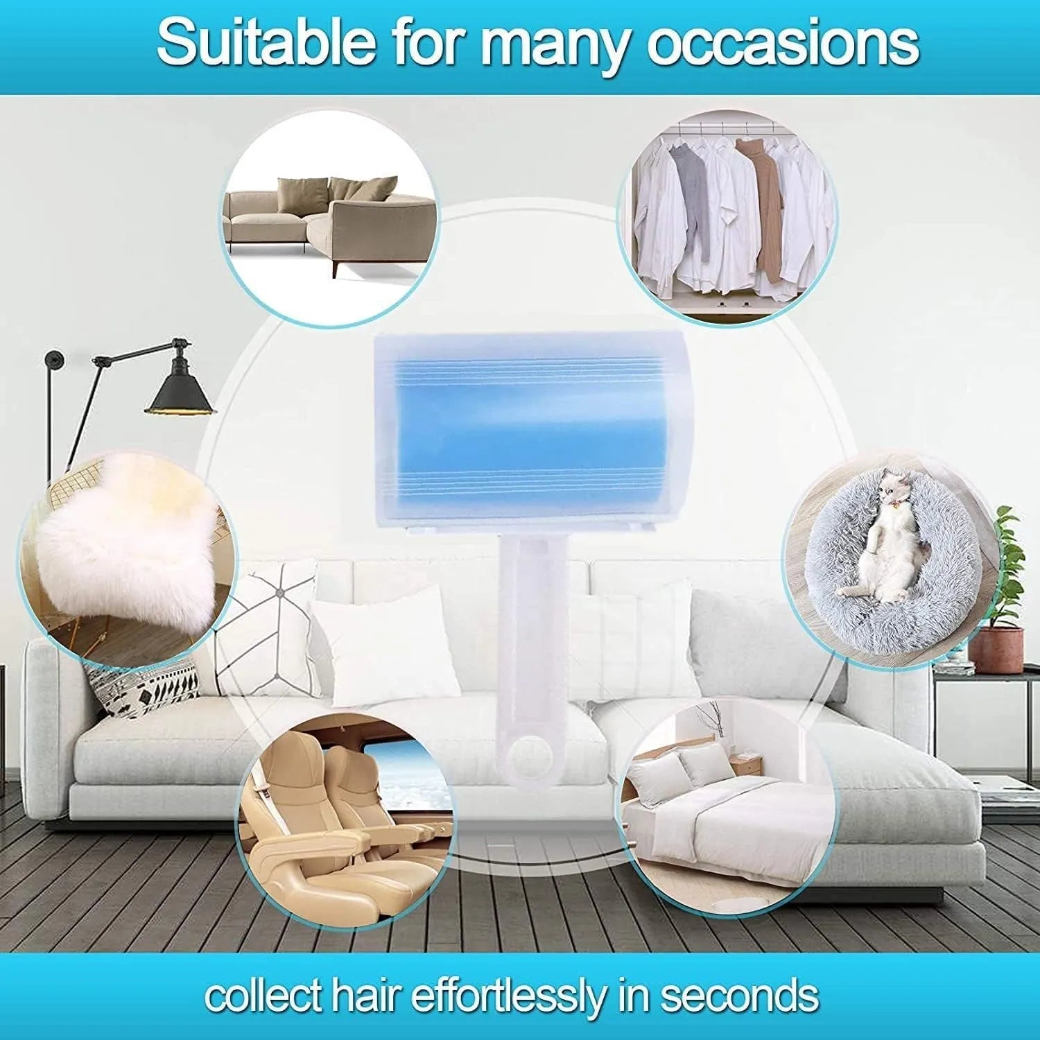 Blue washable reusable lint roller with cover for removing pet hair from clothes and furniture.