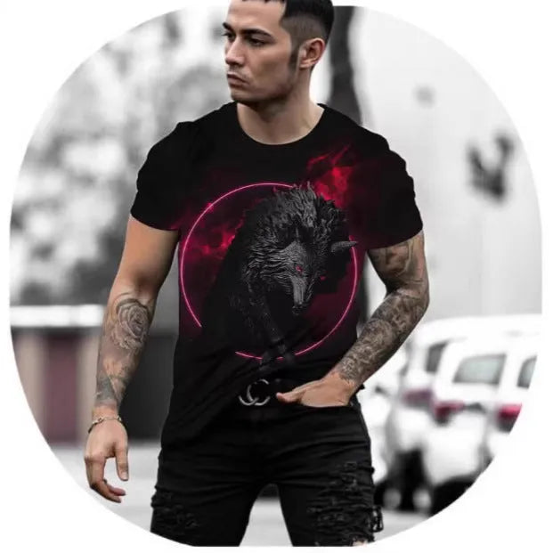 Retro 3D animal print on a men's short-sleeved light blue polyester t-shirt laid flat.