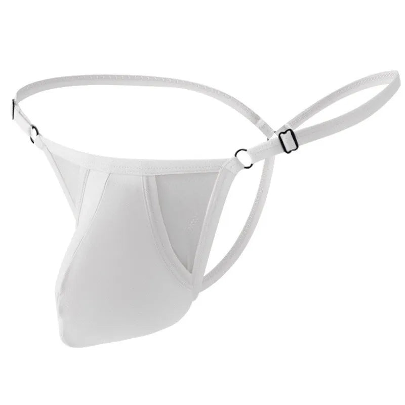 Men's black ice silk T-back panties with thin straps and a geometric pattern laid flat.