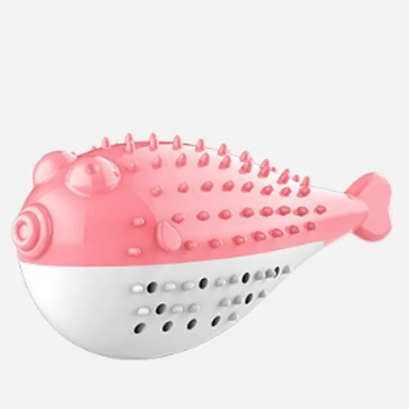 Blue silicone fish-shaped cat chew toy for dental cleaning and interactive play