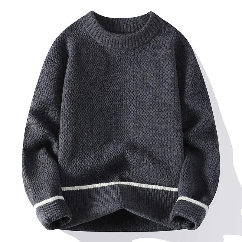 Men's grey loose fit polyester blend round neck sweater with long sleeves