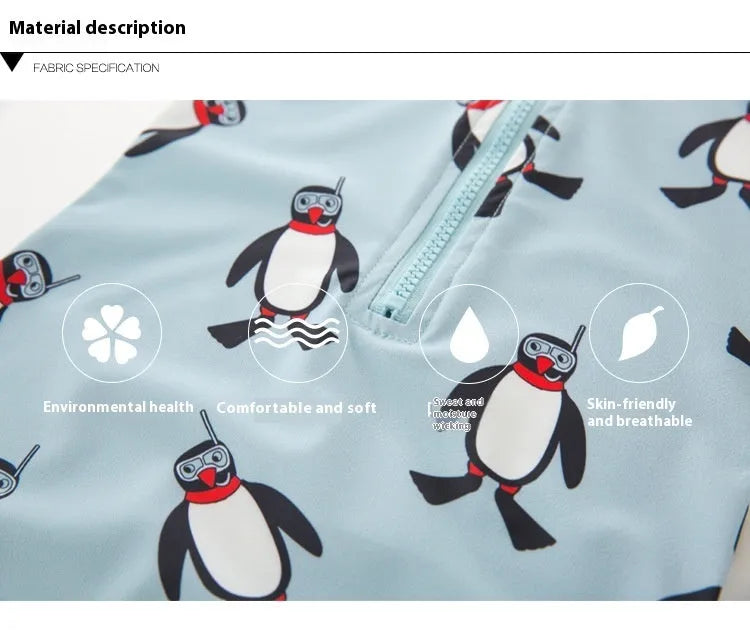 Boys' penguin print long sleeve one-piece swimsuit with matching swimming cap set.