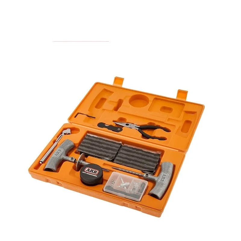 Speedy Seal emergency car tyre repair tool set with pressure gauge in open compact case