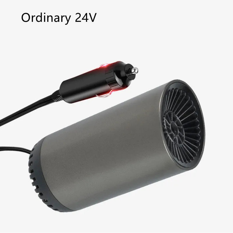 12v 24v car heater defogger in black and gray with suction cup mount and power cord