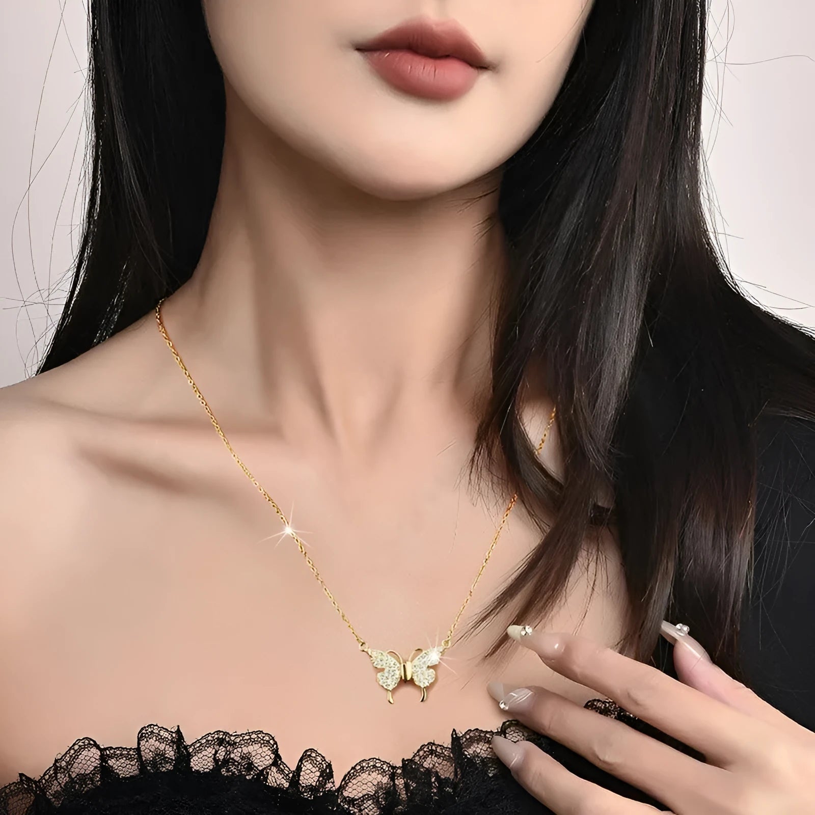 Women's magnetic snap butterfly pendant necklace with twisted titanium steel chain in gold colour