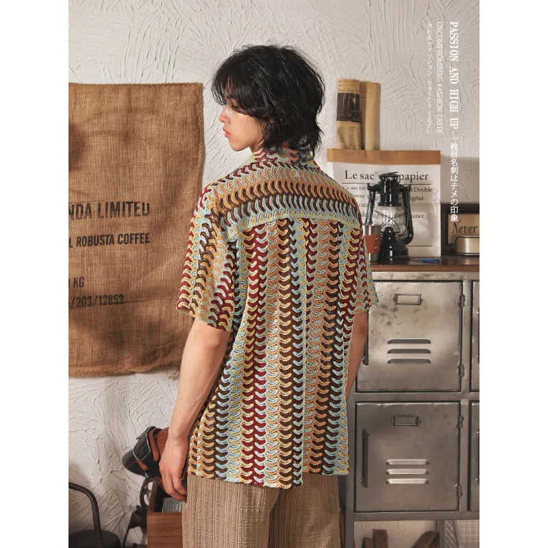 Japanese style Cuban collar short sleeve shirt in grey jacquard fabric with fleece lining