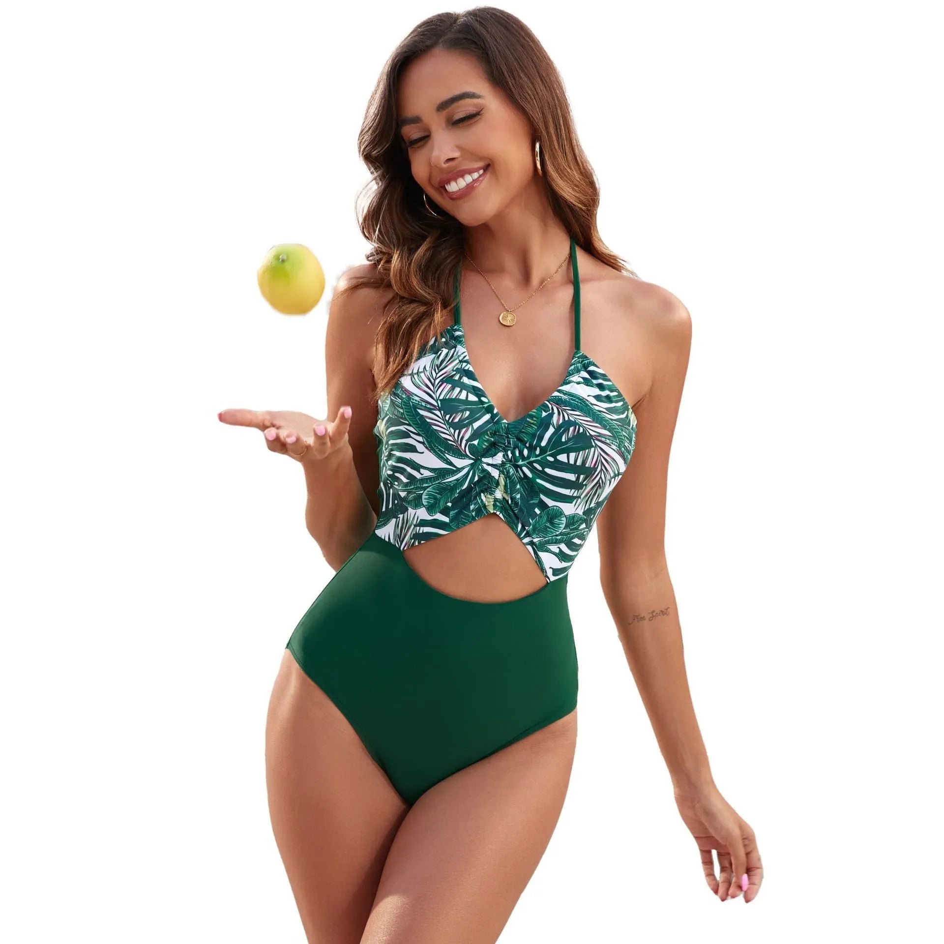 Women's printed patchwork leaf one-piece swimsuit in red, nylon spandex blend, sizes S to XXL