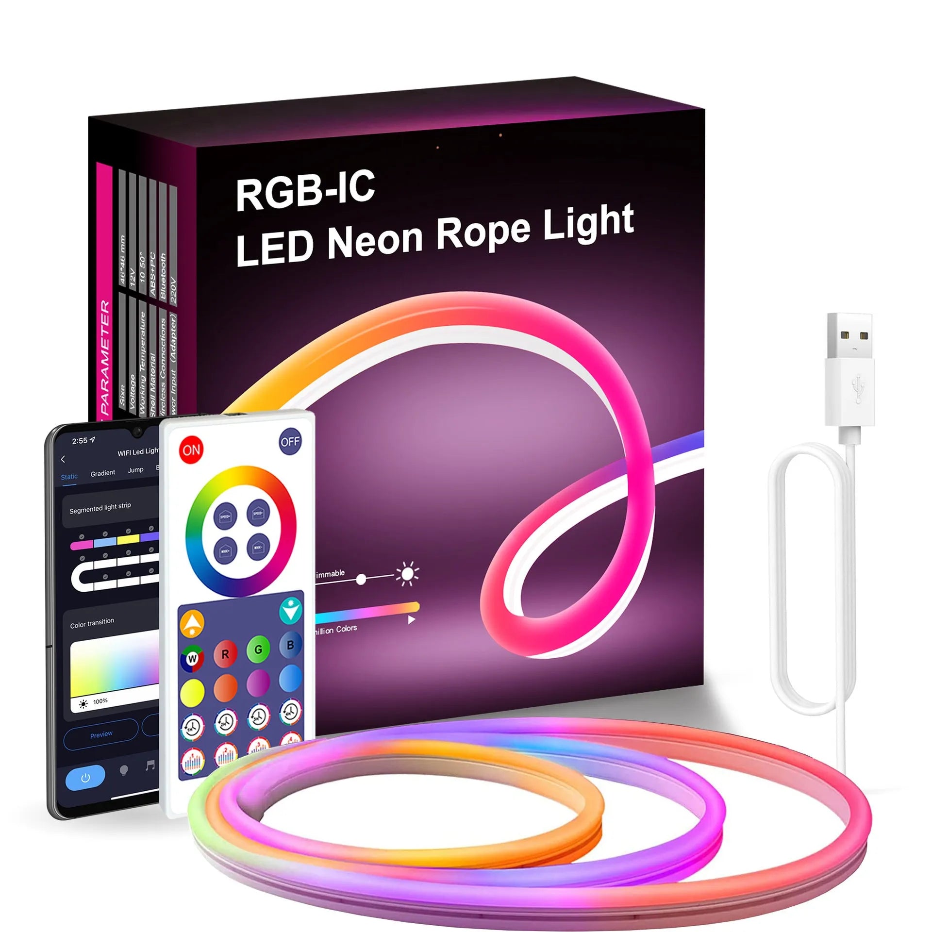 3 metre long RGB neon light strip with remote control and USB power cable
