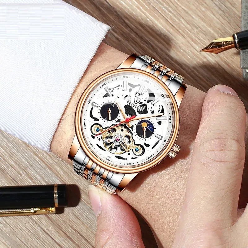 Men's tourbillon mechanical watch with luminous hands and waterproof casual design