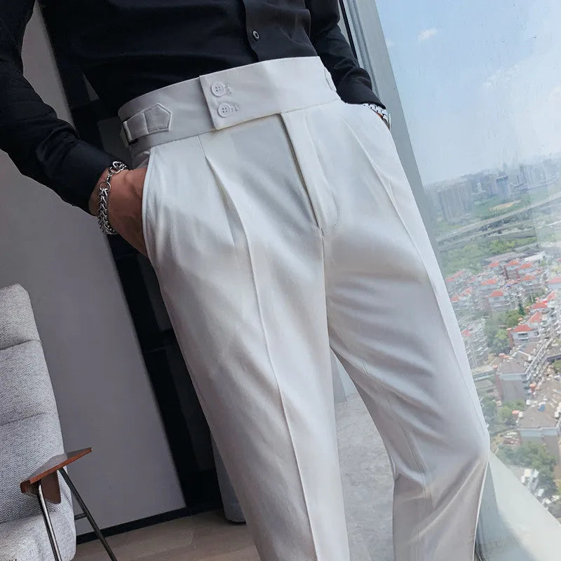 Men's straight-leg casual trousers in polyester fabric with elasticated waistband available in multiple solid colours