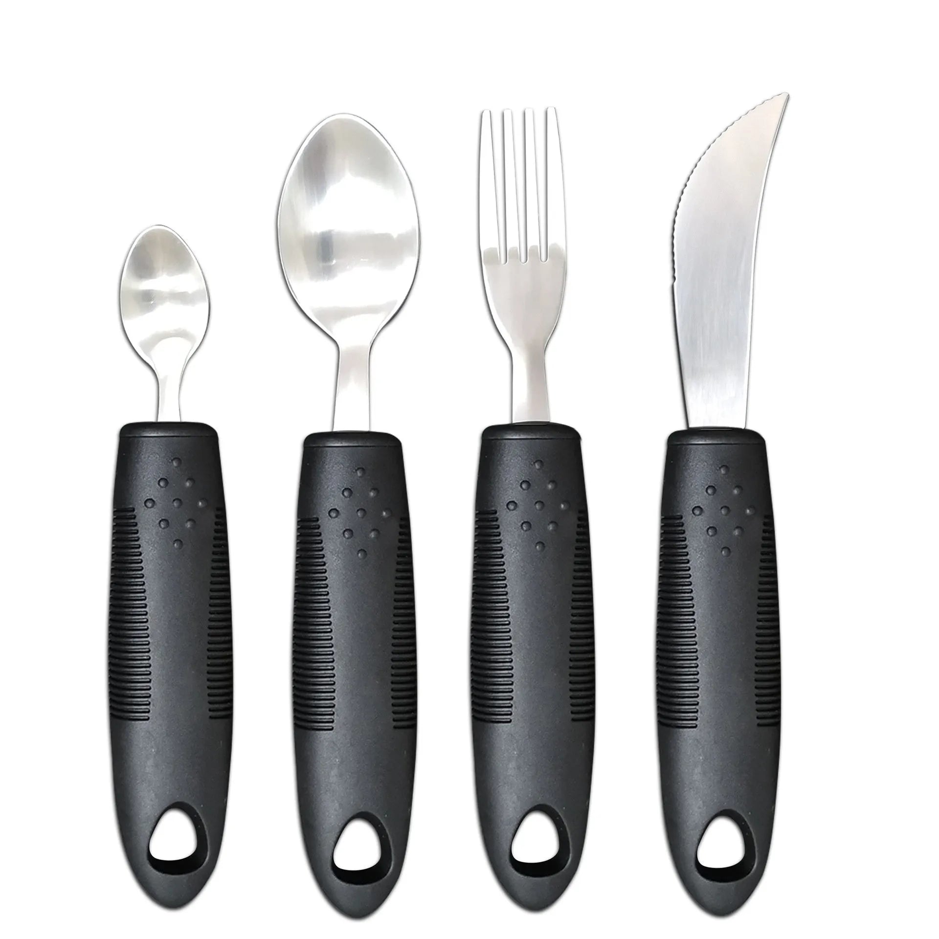 Stainless steel adaptive eating utensils with rubber anti-shake handles for elderly dining assistance