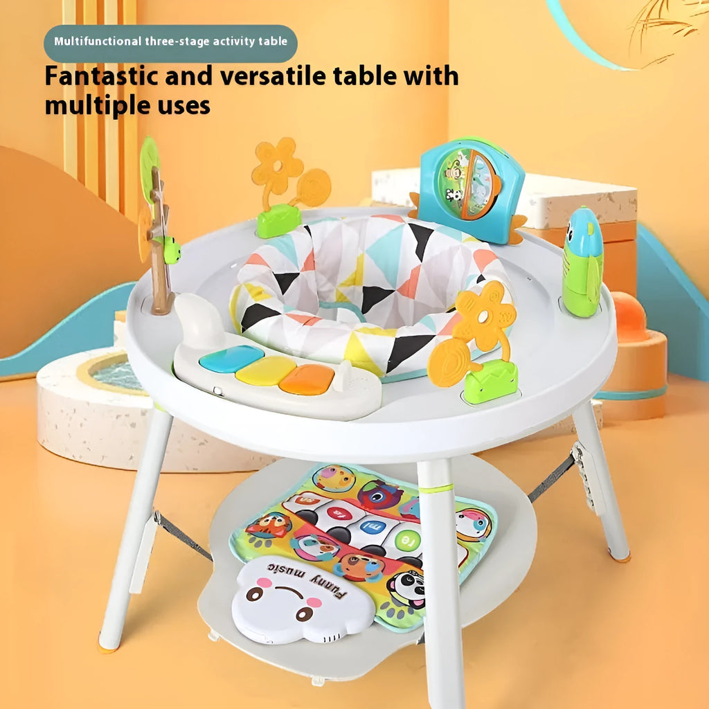 Baby bouncing in three-in-one jumping chair with gymnastic rack and interactive toys
