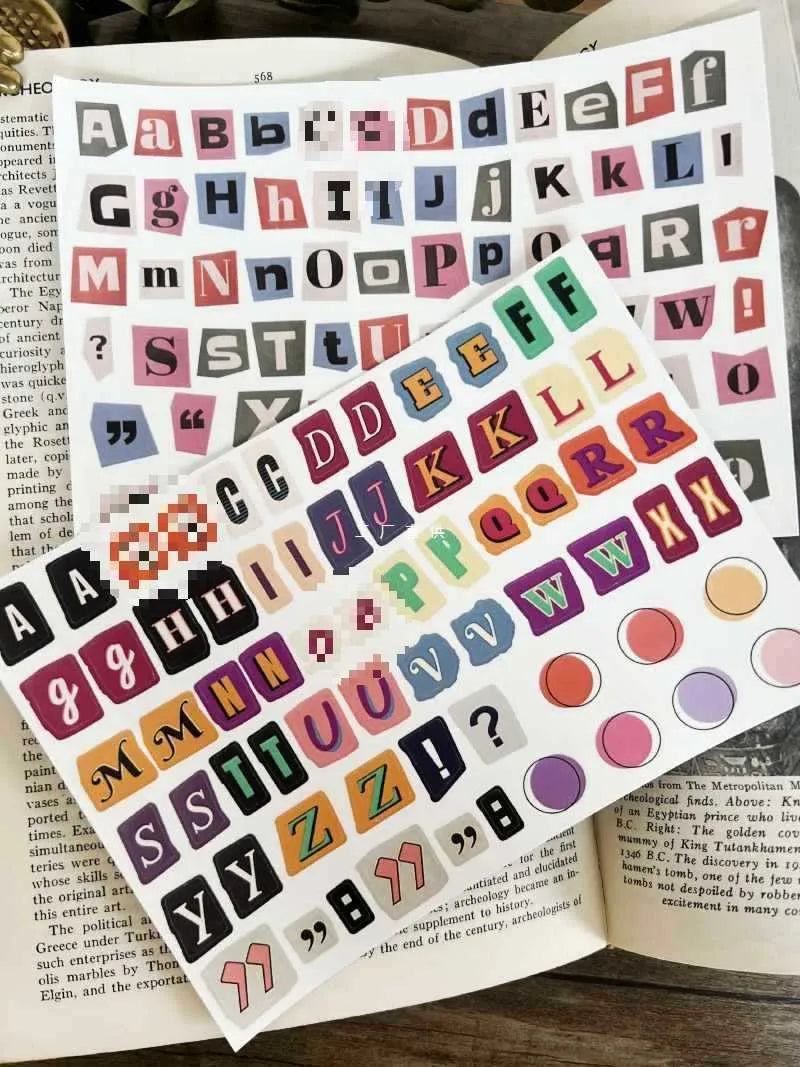 English letters and numbers label sticker set showing alphabet collections and week words in cute printed style