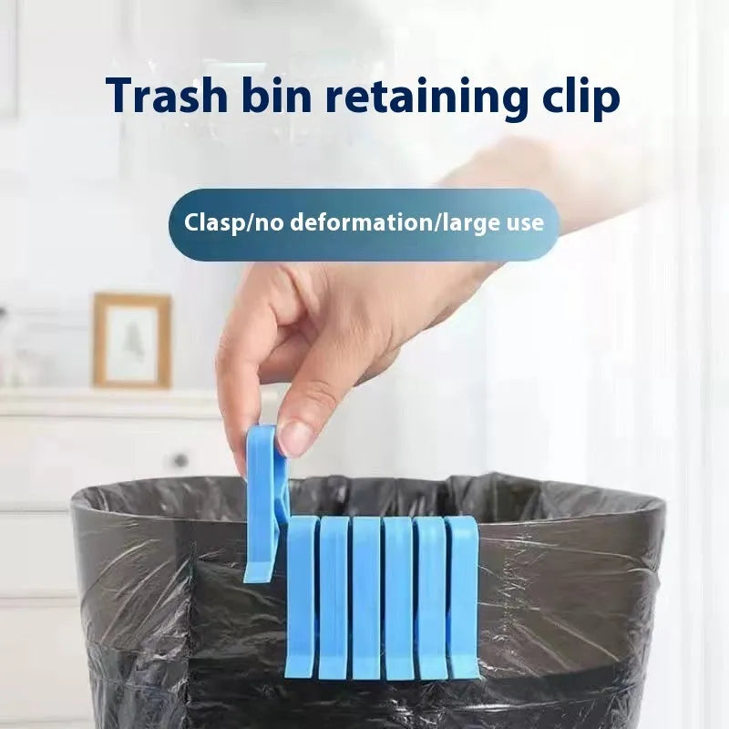 White PP plastic garbage bag fixing clip holding a black bin liner to a trash can rim.