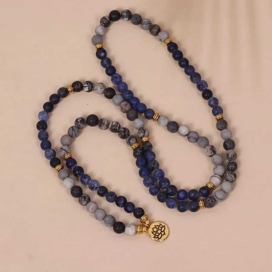 Blue patterned network stone bead multi layer bracelet with alloy charms and adjustable clasp