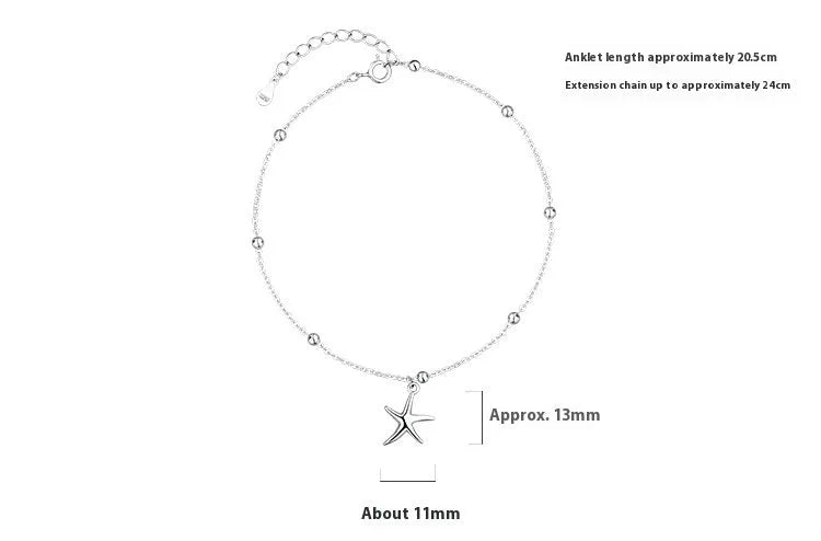 Sterling silver anklet with round beads and a starfish charm.