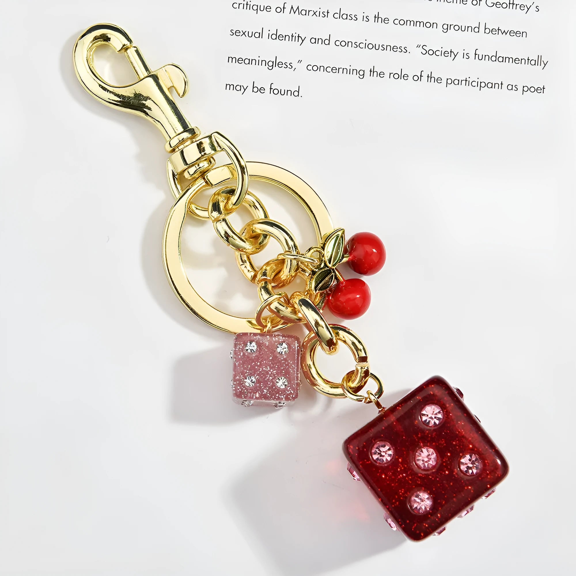 Square metal dice keychain pendant with cherry electroplated finish and keychain attachment