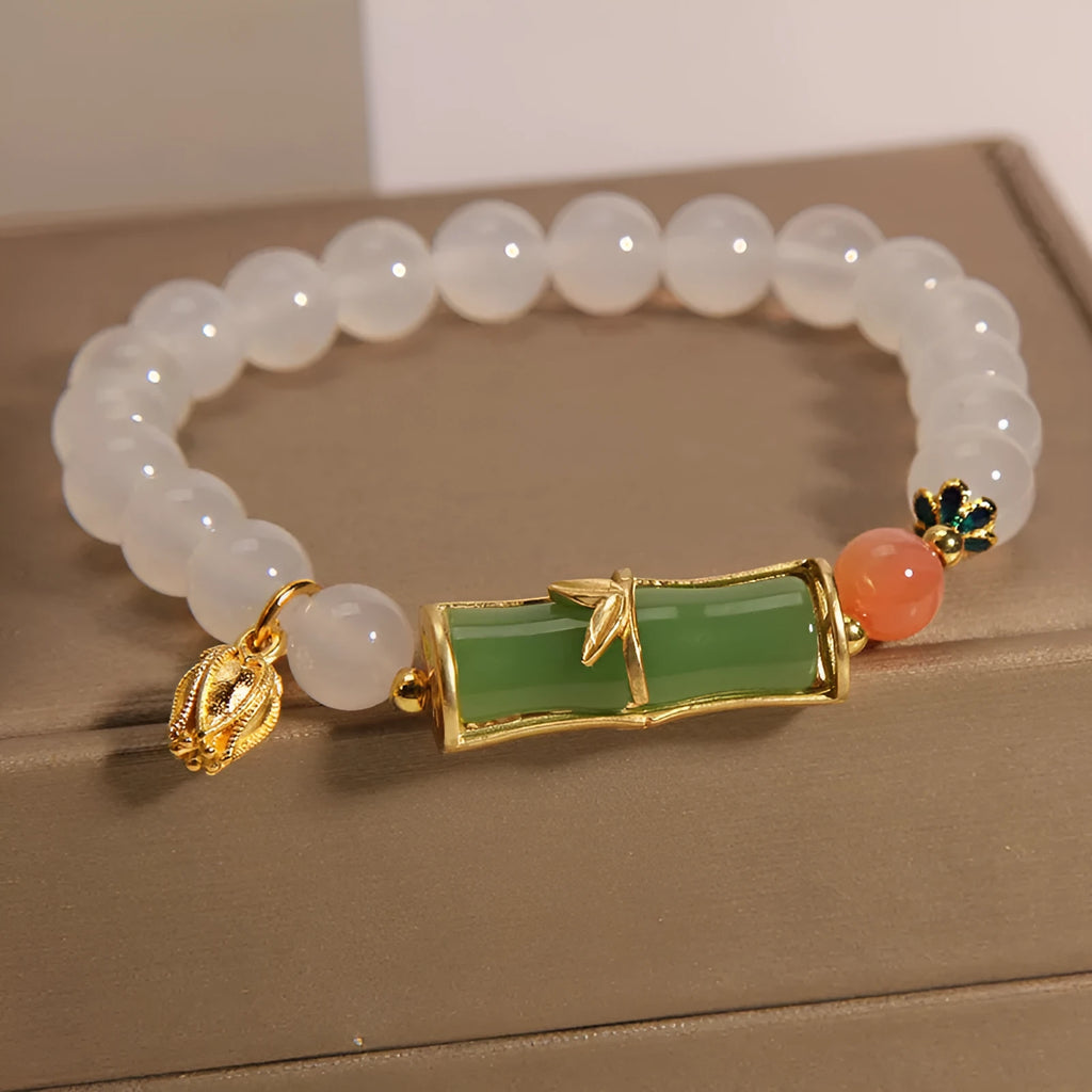 White agate jade bamboo bracelet with retro Chinese design and natural stone beads