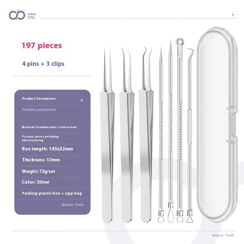 Four silver metal acne needles with pointed tips for skincare extraction