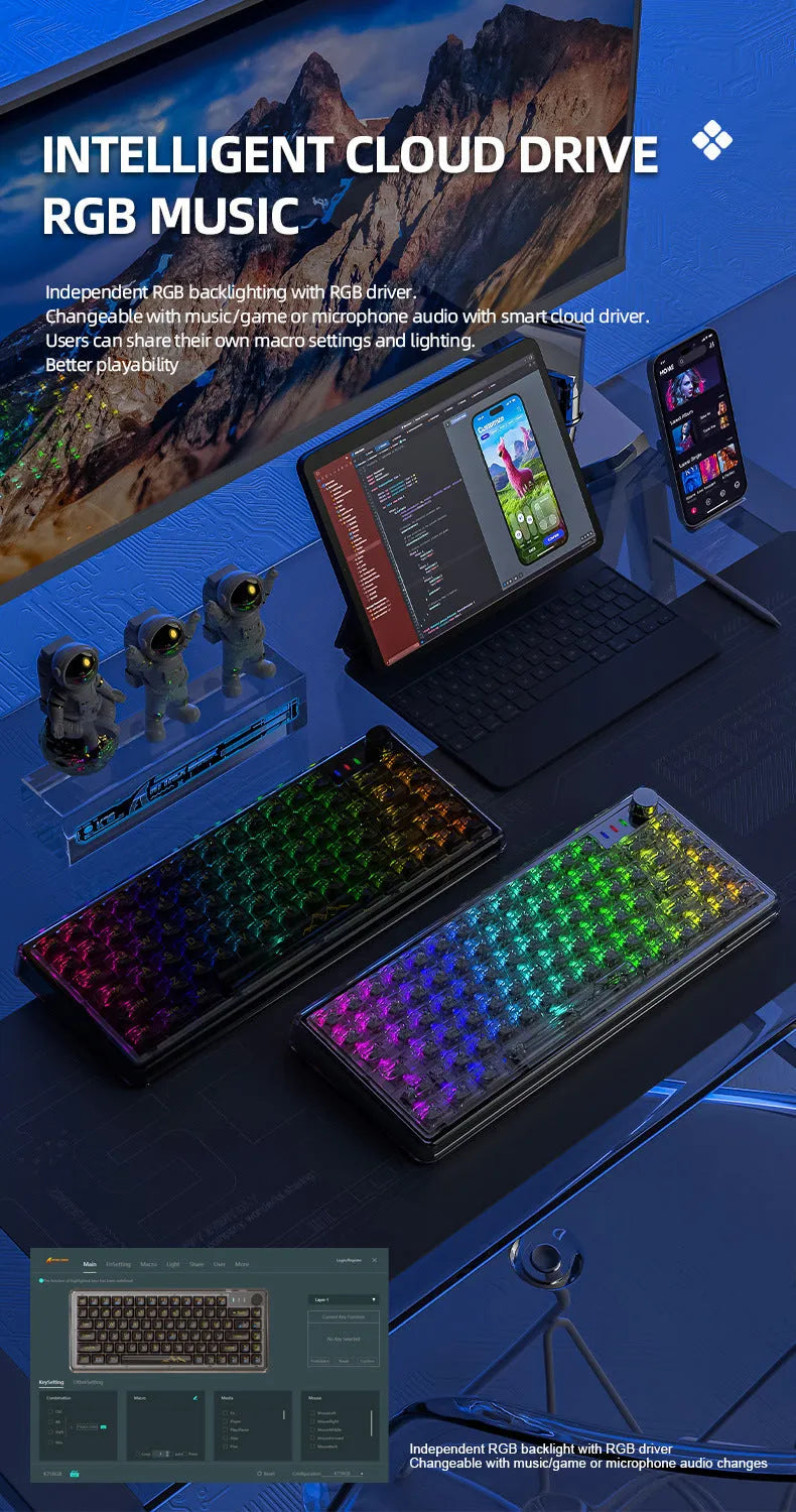 Attack Shark K75RGB wireless mechanical keyboard with transparent case showing internal components