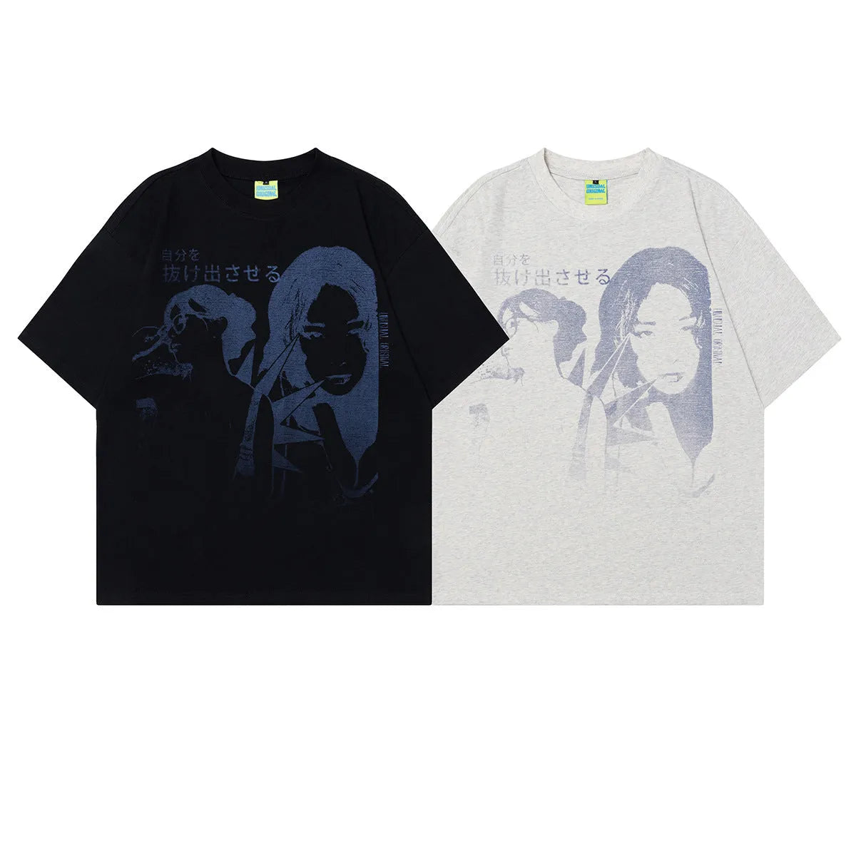 Men's grey retro character design cotton T-shirt on hanger