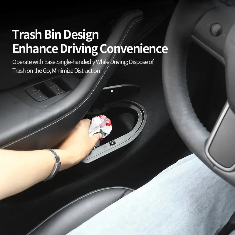 Two black ABS plastic car door storage boxes for Tesla Model Y front door pockets