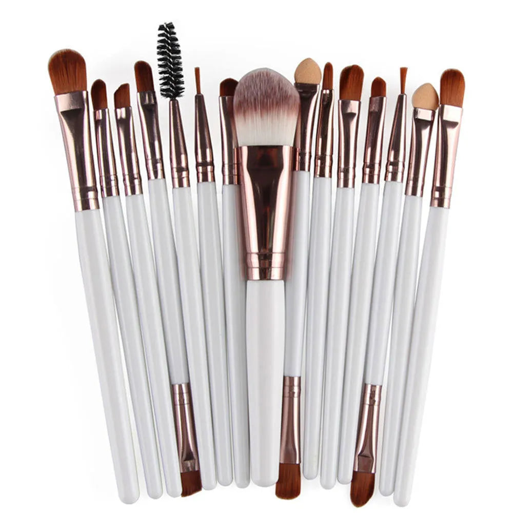 MAANGE 18-piece makeup brush set with fan-shaped cosmetic tools laid out on a table.