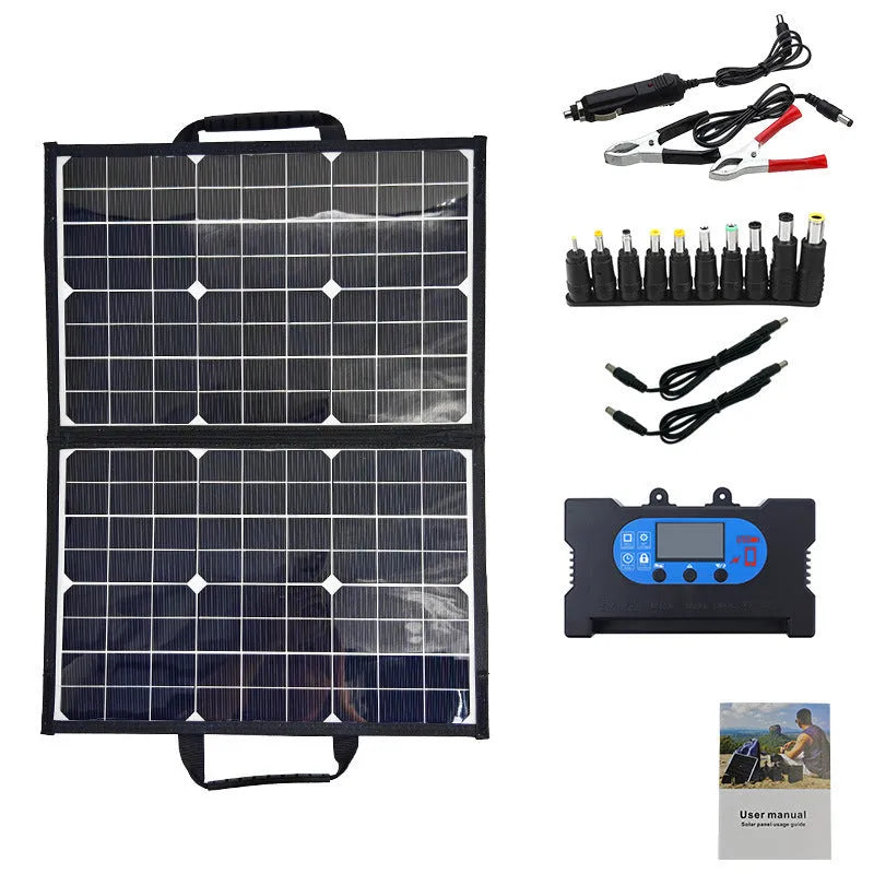 Black 40W foldable solar panel charger shown in its carry bag, with dimensions 425x285mm.