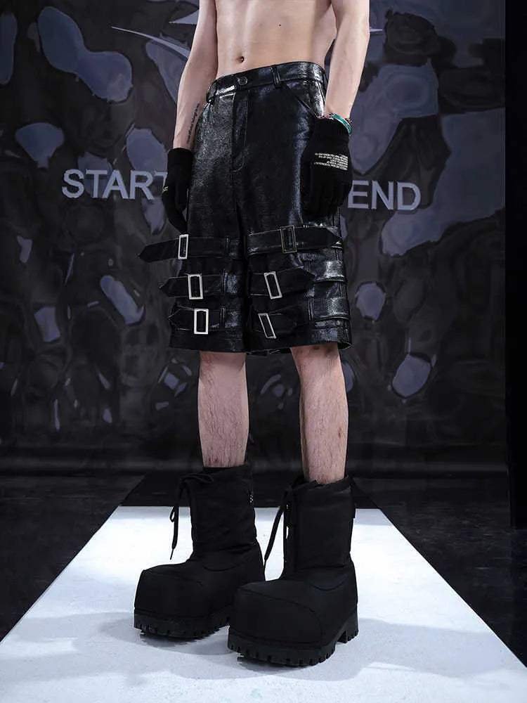 Men's black PU leather cropped shorts with ring detailing and medium-low waist