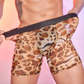 Men's leopard print nylon boxer shorts on a white background.