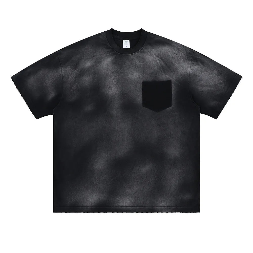 Black men's cotton t-shirt with printed letter design and drop-shoulder sleeves in loose street fashion style