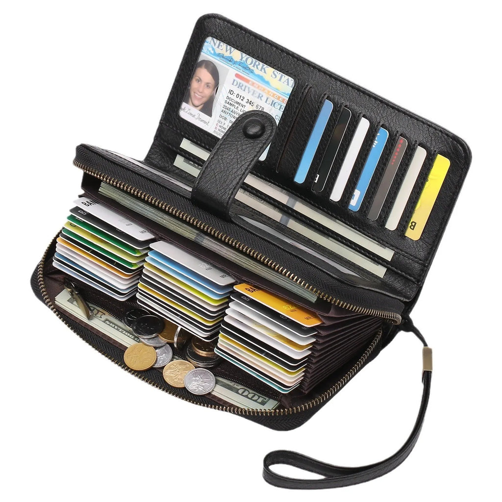 Women's expanding long wallet in denim blue showing card slots and passport pocket with anti-theft swiping feature