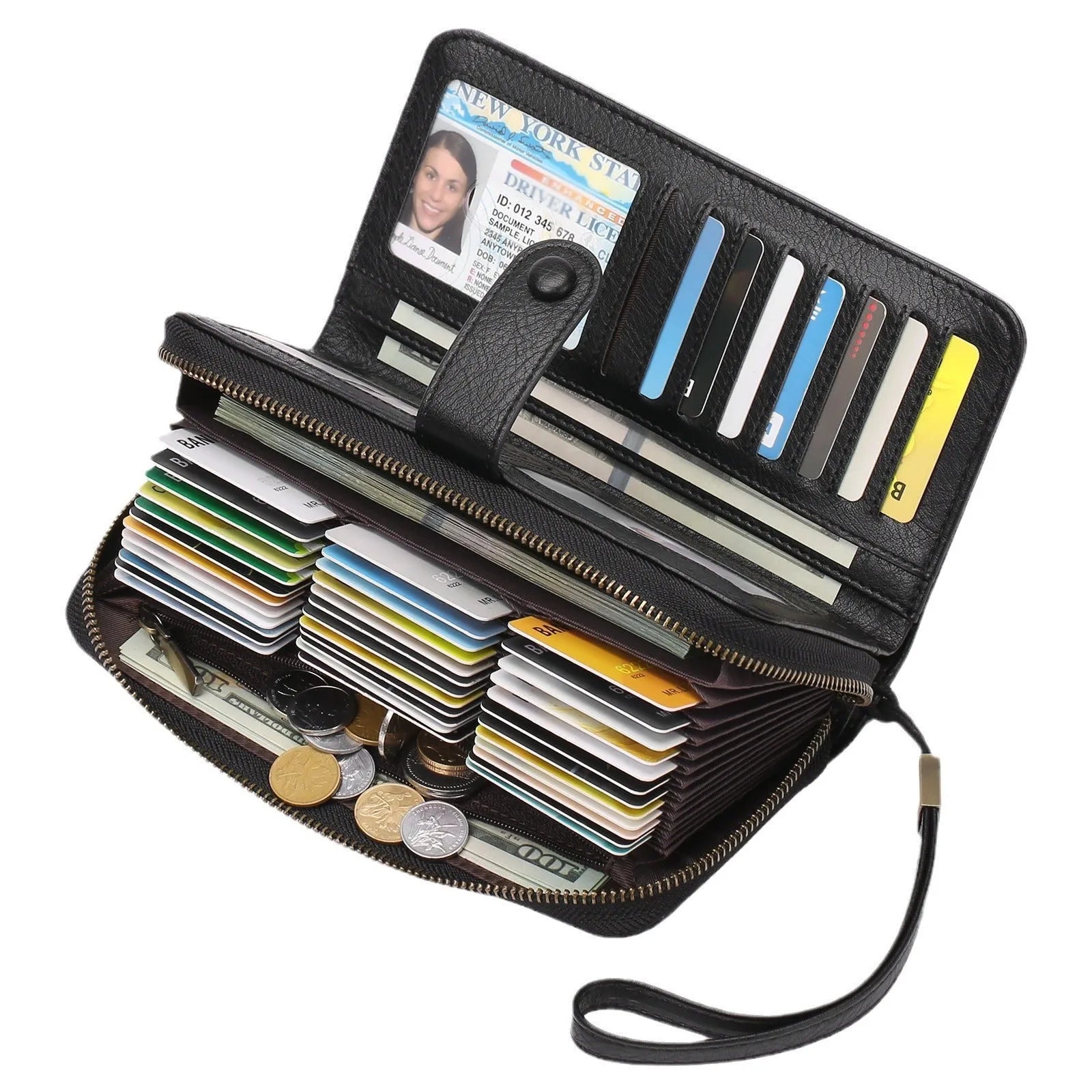 Women's expanding long wallet in denim blue showing card slots and passport pocket with anti-theft swiping feature