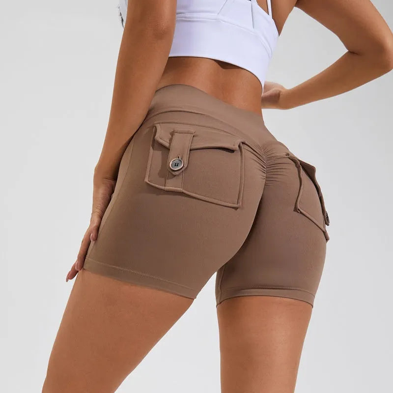 Women's high waist quick-dry nylon sports shorts with pockets in avocado green colour
