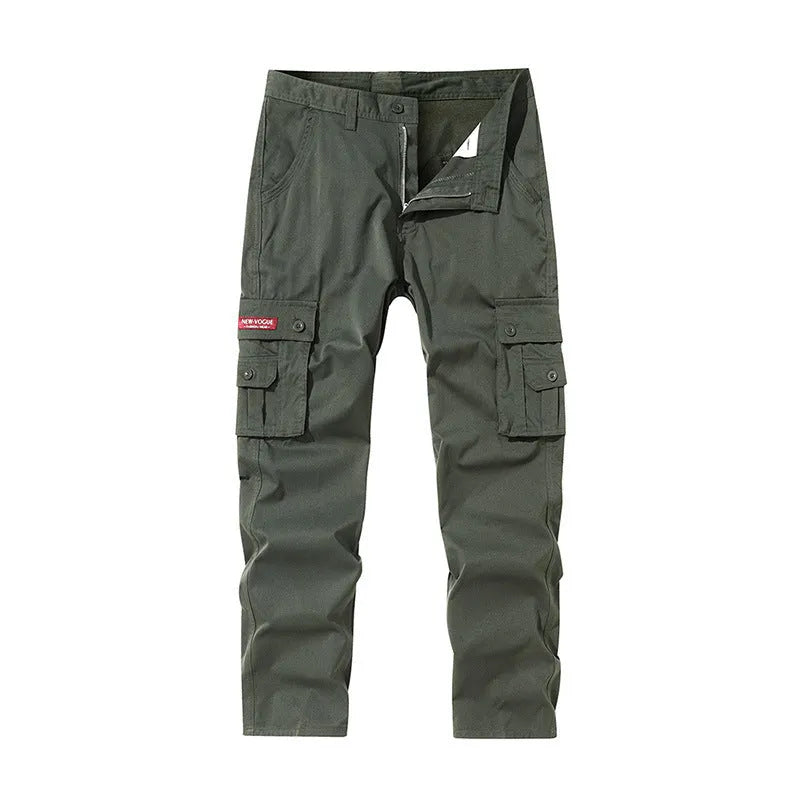 Multi-pocket cargo trousers in pure cotton with straight leg and drawstring mid waist in khaki green