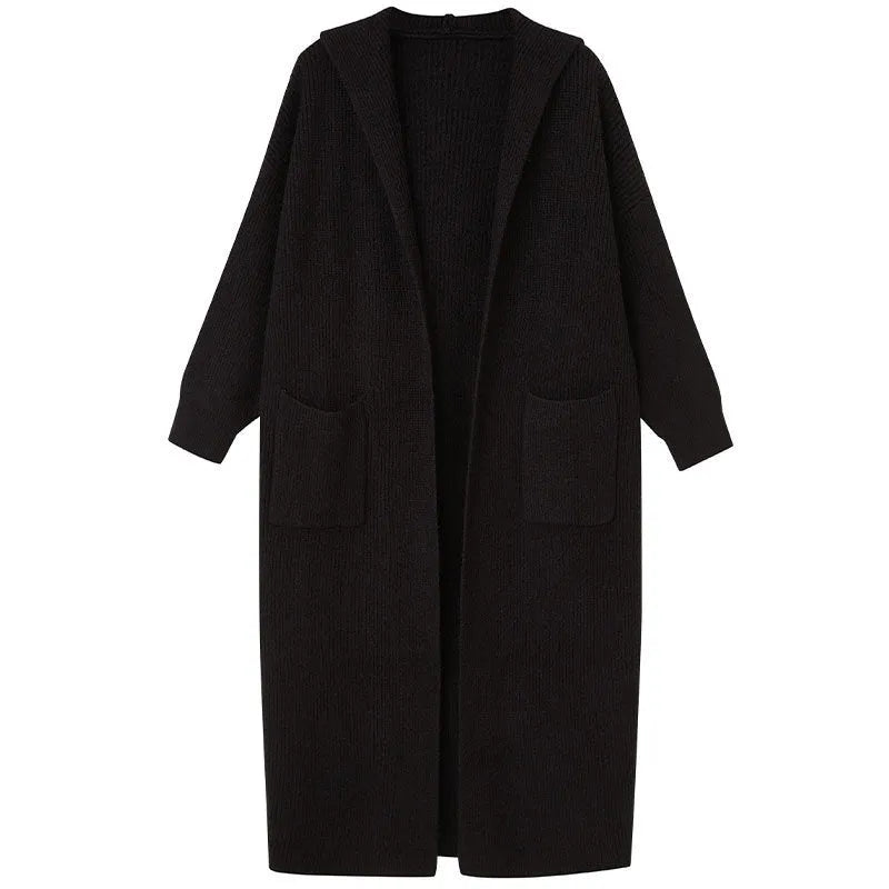 Long grey knitted cardigan with hood showing 80cm length and loose fit design