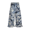 Snow camouflage blue loose fit jeans in cotton elastic denim fabric with mid waist design
