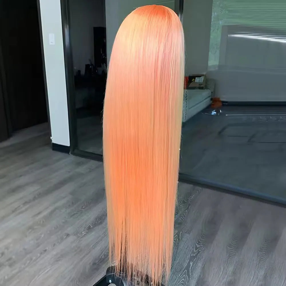 Light orange long straight front lace synthetic wig on a wig stand, showing side bangs.