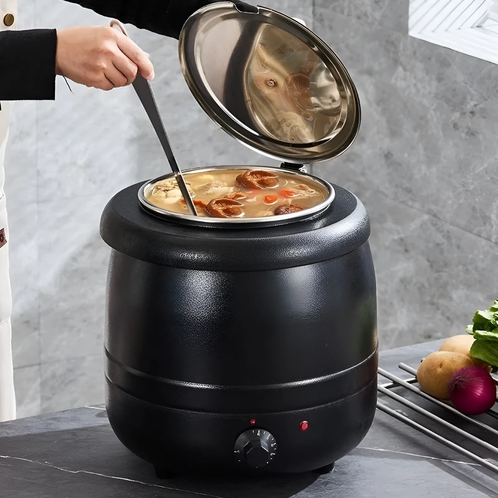 Black stainless steel electric insulation pot with steel cover, 10L capacity for soups and porridge.