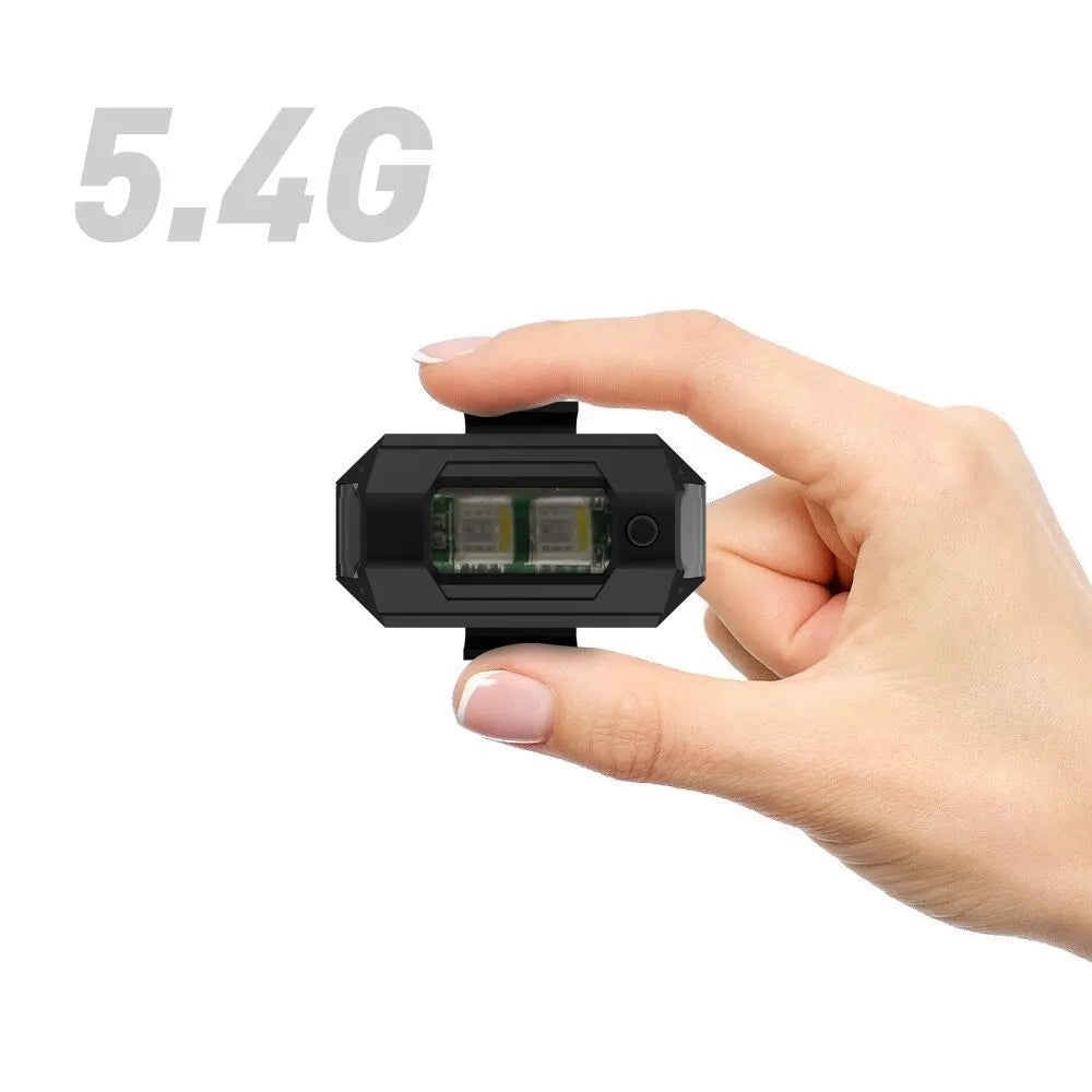 Drone strobe light accessory with RGB LED showing multiple colours, includes Type-C cable and mounting tape.