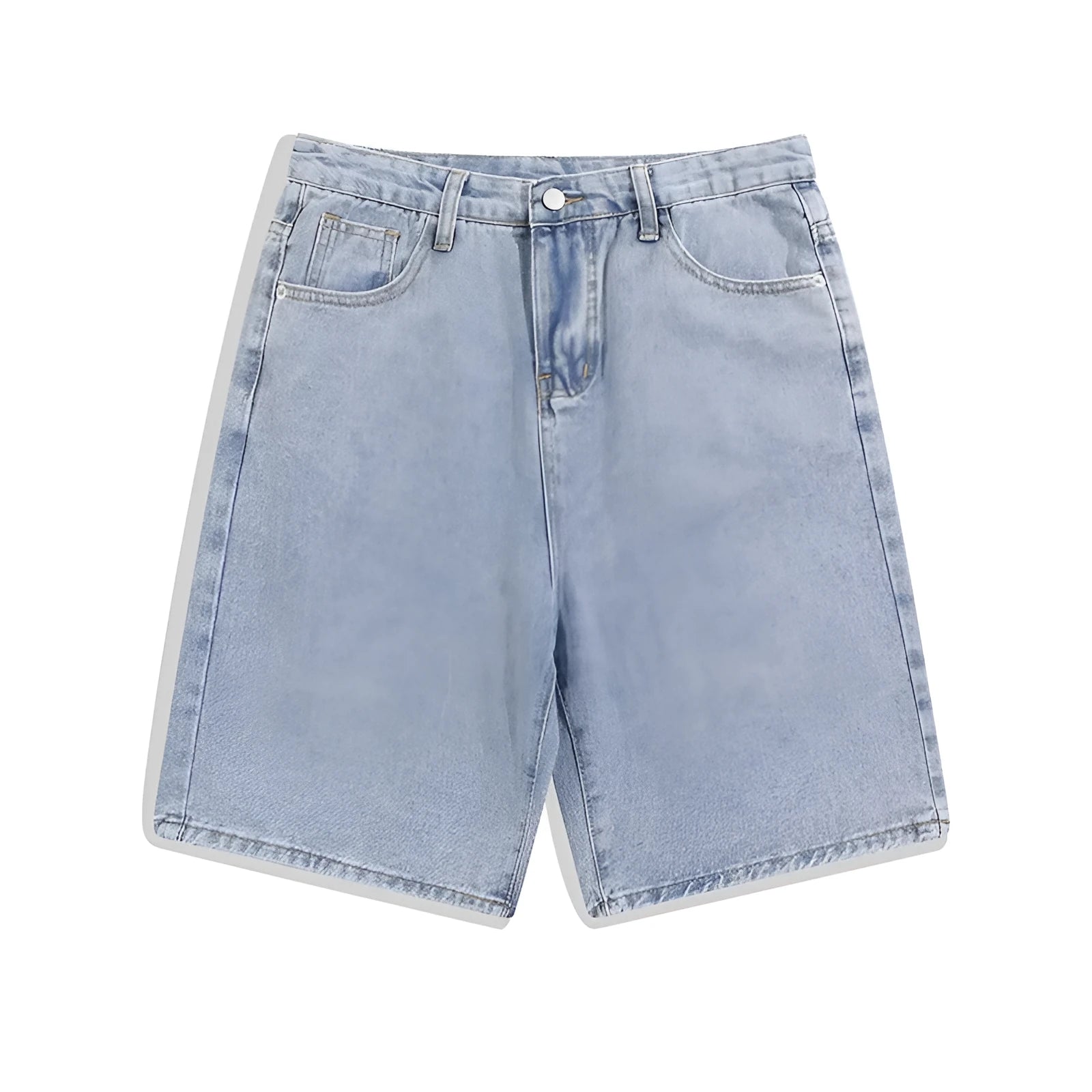 Men's light blue denim shorts showing five-pocket straight-leg design on a mid-rise waist