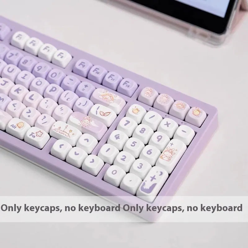 Set of purple gradient mechanical keyboard keycaps with a rabbit design on PBT plastic.