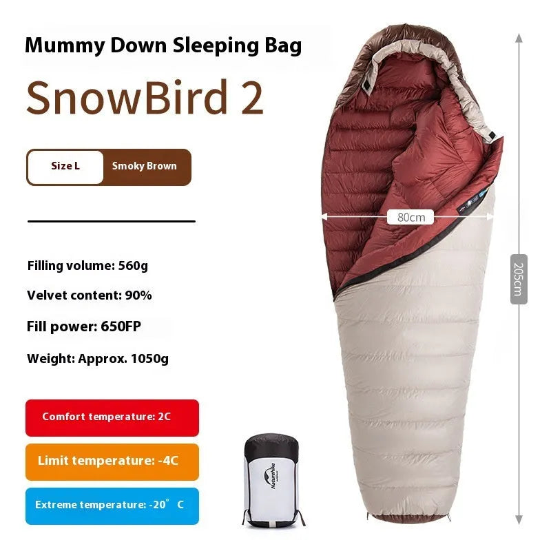 Goose down mummy sleeping bag with storage bag, shown in a neutral colour for adult outdoor use