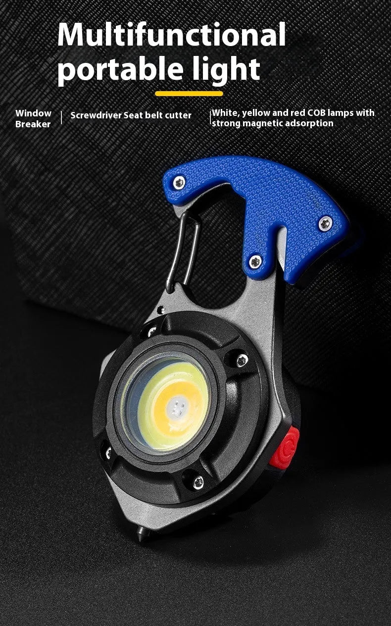 Multifunctional portable keychain light with window breaker and screwdriver, showing charging port and smart display.