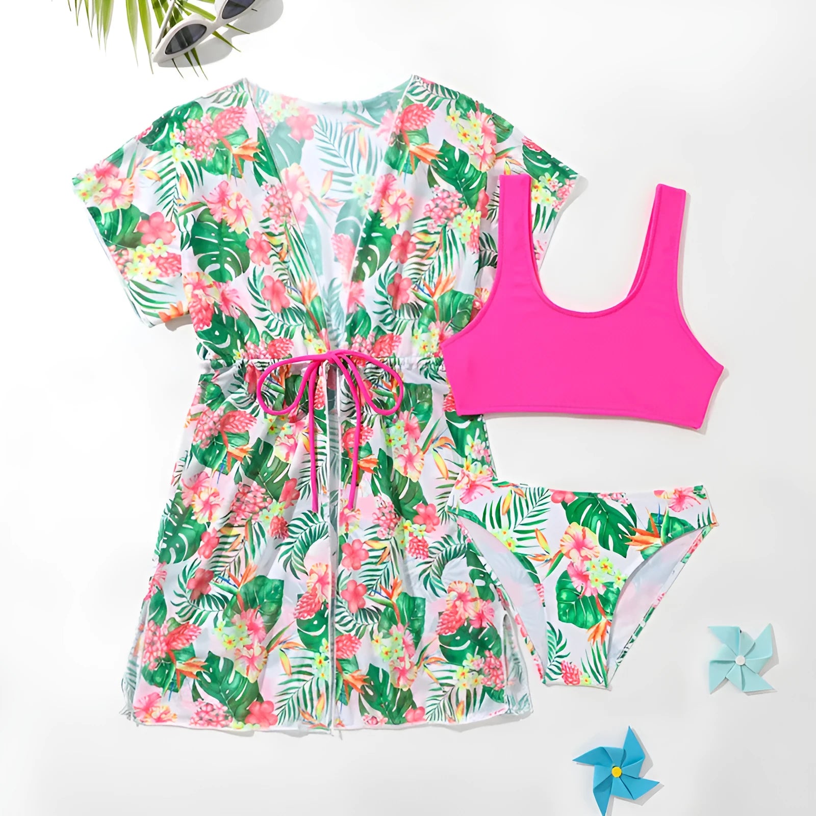 Girls' two-piece and women's three-piece floral swimsuit set in polyester