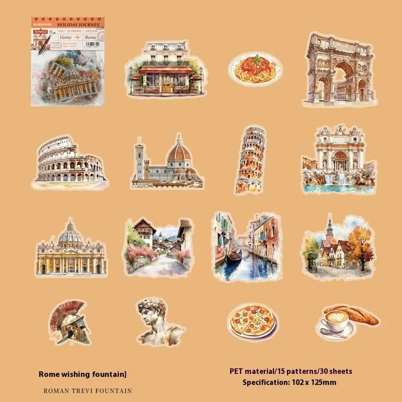 Holiday Journey Series architecture journal stickers showing six retro landmark designs