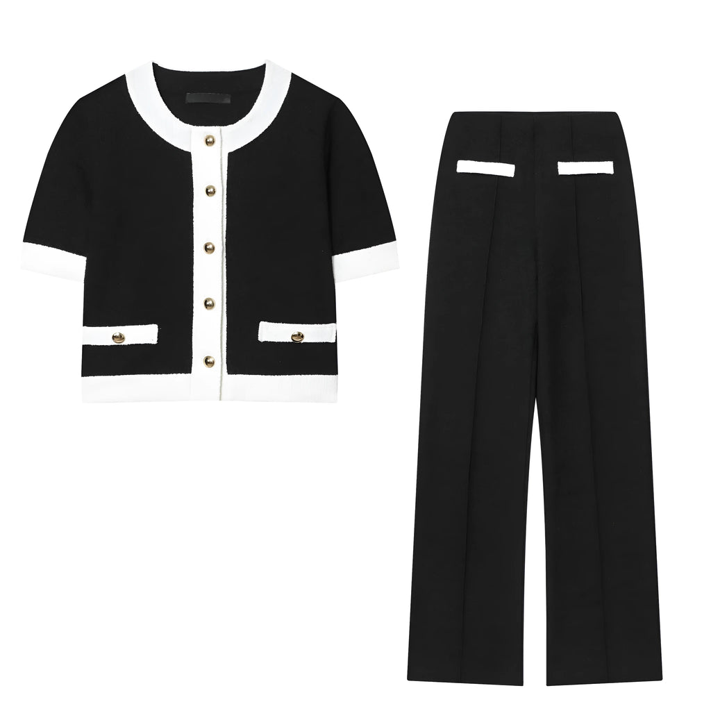 Women's polyester street fashion suit with beaded leather accent top and matching high-waisted trousers