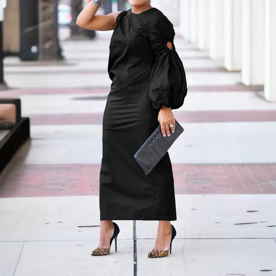 Long lantern sleeve side slit dress with elastic waist in solid colour, available in black army green white yellow sizes S to 3XL