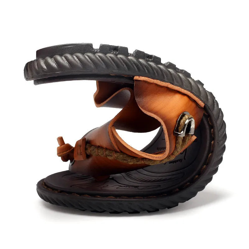 Men's herringbone-patterned outdoor slippers in dark blue with leather lining and rubber sole
